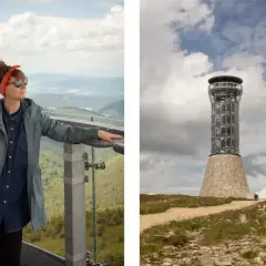 Kobieta na tarasie widokowym podziwia krajobraz, w tle wieża widokowa na Śnieżniku. Szlaki górskie kuszą do wędrówki.