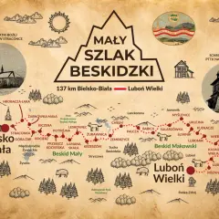 Mapa turystyczna Mały Szlak Beskidzki, 137 km z Bielska-Białej na Luboń Wielki.