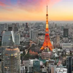 Widok na Tokio z wieżą Tokyo Tower w pomarańczowych barwach o zachodzie słońca. Tysiące budynków, które świadczą o tym, ile ludzi mieszka w Tokio.