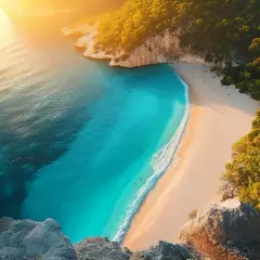 Widok z klifu na turkusową zatokę i piaszczystą plażę. Idealne miejsce na relaks, odkryj konakli atrakcje!