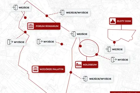 Mapa pokazuje, gdzie jest Koloseum w Rzymie, wraz z Forum Romanum i Palatynem. Wskazuje wejścia i wyjścia.