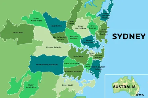 Mapa pokazuje, gdzie leży Sydney, z podziałem na dzielnice: Inner City, Northern Suburbs, Western Suburbs i inne.
