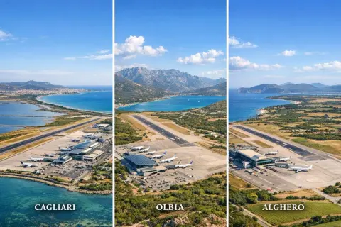 Trzy lotniska na Sardynii: Cagliari, stolica Sardynii, Olbia i Alghero, z widokiem na morze i góry.