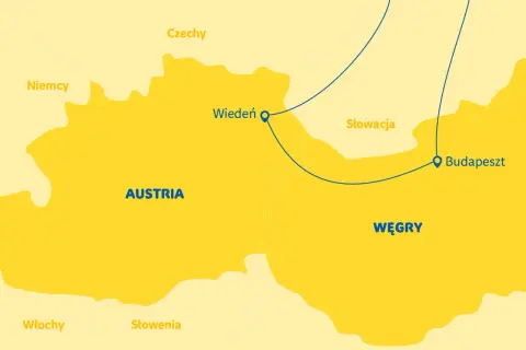 Mapa pokazuje trasę z Wiednia do Budapesztu, przez Słowację. Gdzie jest Budapeszt? Na Węgrzech, na wschód od Austrii.