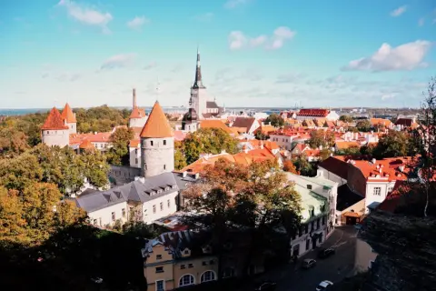 Widok na zabytkowe wieże i czerwone dachy Tallinna, stolicy Estonii, w słoneczny dzień.