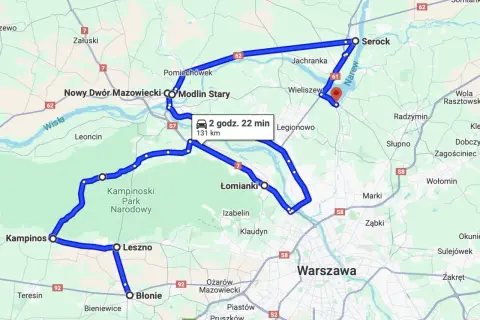 Trasa samochodowa przez północ Polski, wiodąca przez Kampinoski Park Narodowy, Łomianki, Modlin Stary i Serock.