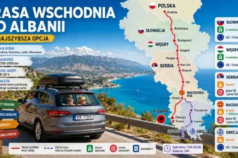 Rodzina w samochodzie z bagażnikiem dachowym jedzie malowniczą trasą do Albanii. Mapa pokazuje drogę przez Polskę, Słowację, Węgry, Serbię, Macedonię Płn. i Grecję.