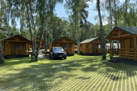 Tanie domki letniskowe nad morzem, otoczone drzewami. Na trawniku stoi czarny SUV.