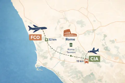 Mapa pokazuje połączenia lotnicze i drogowe z lotniska Fiumicino (FCO) do Rzymu i lotniska Ciampino (CIA).