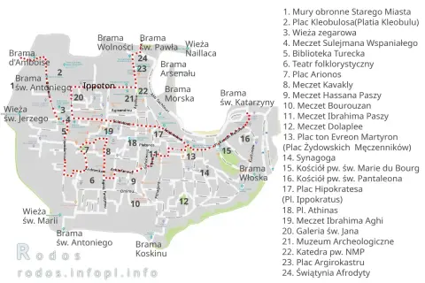 Mapa Starego Miasta Rodos z zaznaczoną trasą turystyczną. Odkryj rodos najpiękniejsze miejsca, od murów obronnych po świątynię Afrodyty.