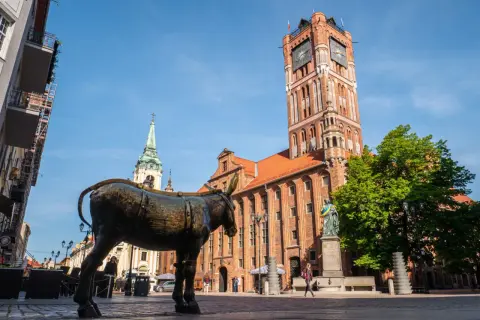 Pomnik osła na rynku w Toruniu, mieście na trasie Toruń-Świecie. W tle Ratusz Staromiejski i wieża kościoła.