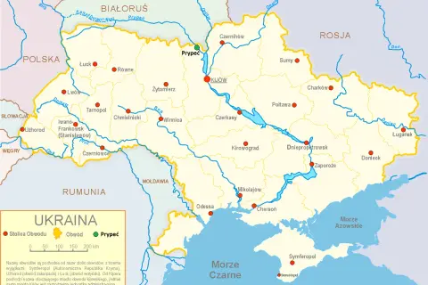 Mapa Ukrainy z zaznaczonym Prypeciem, miastem, gdzie jest Czarnobyl.