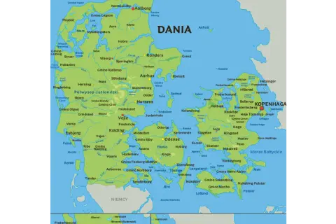 Mapa Danii z zaznaczonymi miastami i regionami. Gdzie jest Dania? Dania to kraj na północy Europy, otoczony wodami.