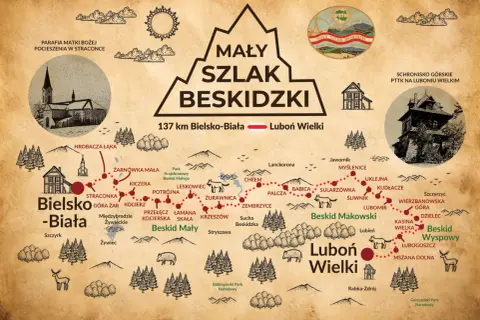 Mapa turystyczna Mały Szlak Beskidzki, 137 km z Bielska-Białej na Luboń Wielki.