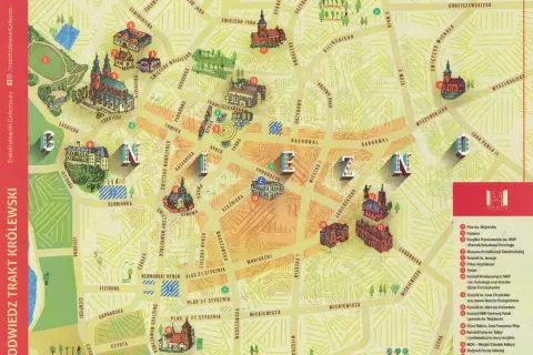 Mapa Gniezna z zaznaczonymi zabytkami i nazwami ulic.