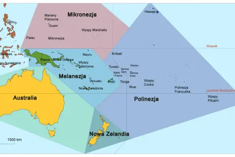 Mapa Pacyfiku z zaznaczonymi regionami: Azja, Mikronezja, Melanezja, Polinezja. Widać Australię, Nową Zelandię i wiele wysp. Gdzie leży Australia? Na południowej półkuli, na wschód od Azji.