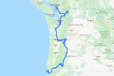 Trasa podróży przez stany USA: Waszyngton i Oregon, od Vancouver po wybrzeże.
