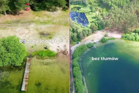 Kaszubskie jeziora w całej okazałości. Po lewej plaża z pomostem, po prawej spokojna tafla wody otoczona lasem.
