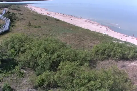 Drewniana kładka prowadzi do plaży nad Bałtykiem, gdzie widać ludzi. W oddali rozciąga się spokojne morze, a krajobraz uzupełniają zielone zarośla.