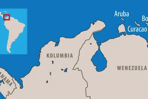 Mapa pokazuje, gdzie jest Aruba, wraz z Curaçao i Bonaire, na północ od Wenezueli i Kolumbii.