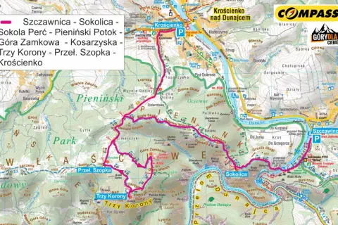 Mapa turystyczna Pienin z zaznaczonymi szlakami, w tym **Trzy Korony szlak**. Widoczne miejscowości: Krościenko, Szczawnica, Sokolica.