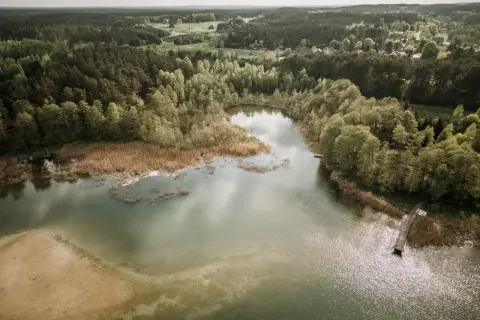 Malownicze jezioro Świętajno otoczone lasem, z piaszczystym brzegiem i drewnianym pomostem.
