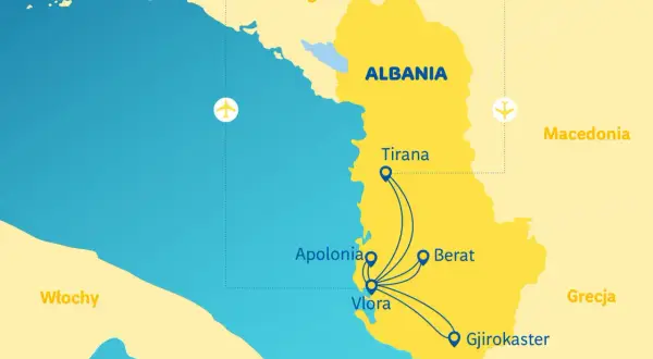 Mapa Albanii z zaznaczonymi miastami i trasami lotniczymi. Widać lotniska w Tiranie, Wlorze, Apolonii, Beracie i Gjirokasterze.