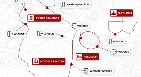 Mapa pokazuje, gdzie jest Koloseum w Rzymie, wraz z Forum Romanum i Palatynem. Wskazuje wejścia i wyjścia.