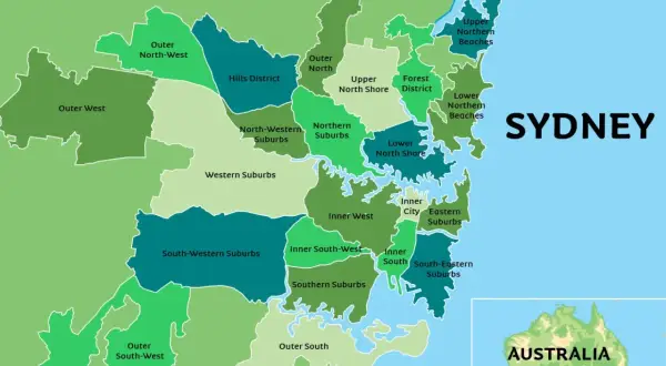Mapa pokazuje, gdzie leży Sydney, z podziałem na dzielnice: Inner City, Northern Suburbs, Western Suburbs i inne.