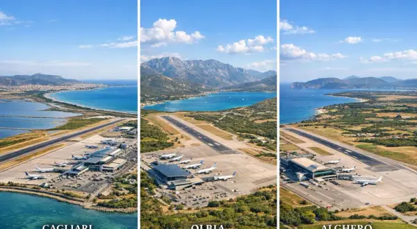 Trzy lotniska na Sardynii: Cagliari, stolica Sardynii, Olbia i Alghero, z widokiem na morze i góry.