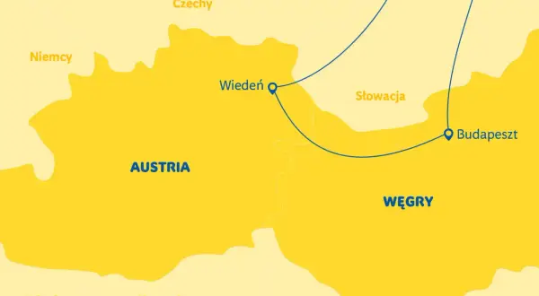 Mapa pokazuje trasę z Wiednia do Budapesztu, przez Słowację. Gdzie jest Budapeszt? Na Węgrzech, na wschód od Austrii.
