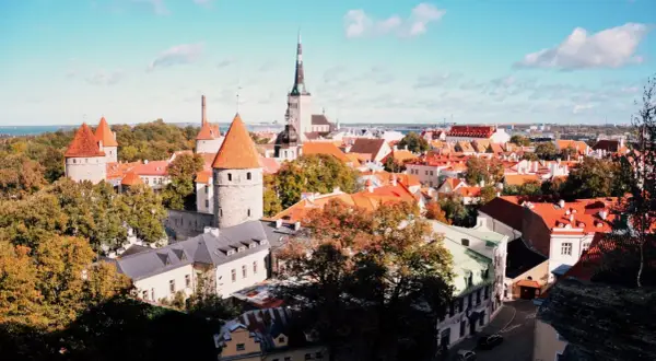 Widok na zabytkowe wieże i czerwone dachy Tallinna, stolicy Estonii, w słoneczny dzień.