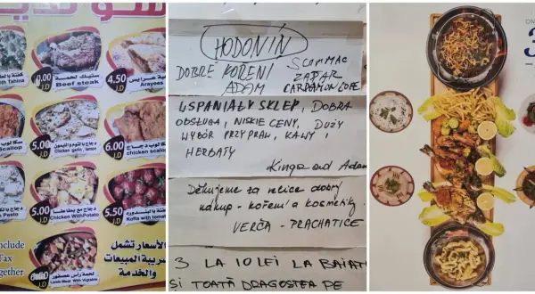 Menu z Jordanii z daniami i cenami. Wpisano "niska cena" i "dobra obsługa".