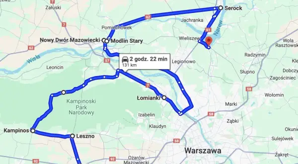 Trasa samochodowa przez północ Polski, wiodąca przez Kampinoski Park Narodowy, Łomianki, Modlin Stary i Serock.
