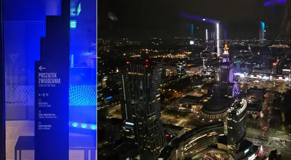 Nocna panorama Warszawy z tarasu widokowego Varso Tower. Widać Pałac Kultury i Nauki oraz oświetlone budynki.