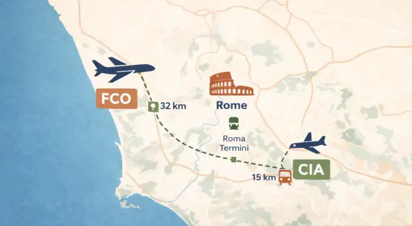 Mapa pokazuje połączenia lotnicze i drogowe z lotniska Fiumicino (FCO) do Rzymu i lotniska Ciampino (CIA).