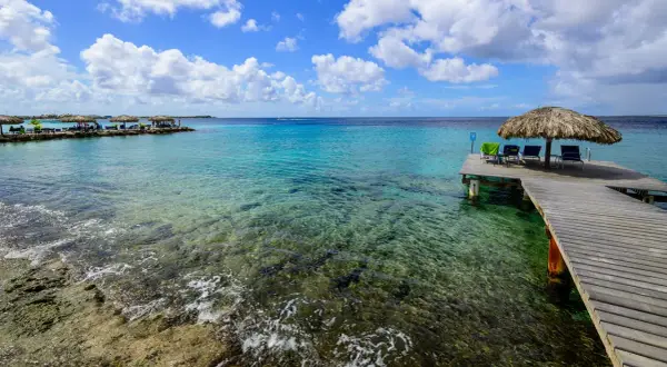 Bonaire wyspa: drewniany pomost z leżakami i parasolem, turkusowa woda, skaliste dno, chmury na niebie.