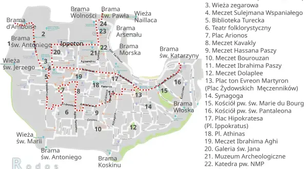 Mapa Starego Miasta Rodos z zaznaczoną trasą turystyczną. Odkryj rodos najpiękniejsze miejsca, od murów obronnych po świątynię Afrodyty.