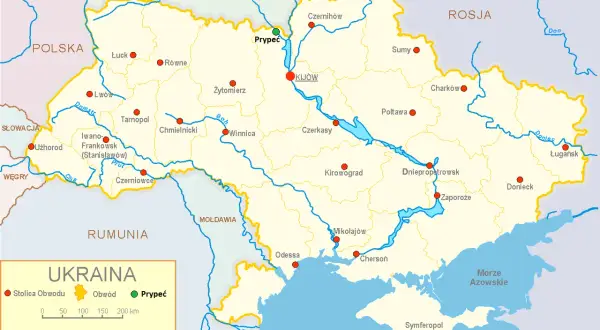 Mapa Ukrainy z zaznaczonym Prypeciem, miastem, gdzie jest Czarnobyl.