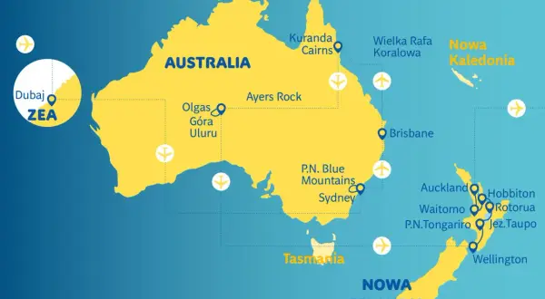 Mapa pokazuje Australię i Nową Zelandię. Z Dubaju (ZEA) można polecieć do wielu miejsc, w tym do Nowej Zelandii.