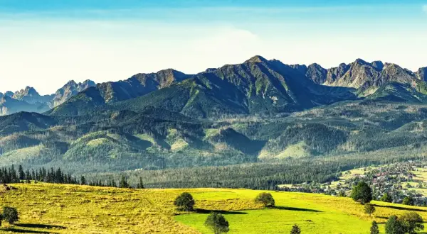 Sierockie widoki na Tatry z zielonymi łąkami i lasami.