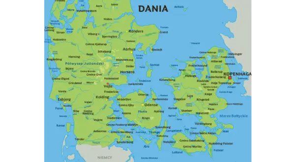 Mapa Danii z zaznaczonymi miastami i regionami. Gdzie jest Dania? Dania to kraj na północy Europy, otoczony wodami.