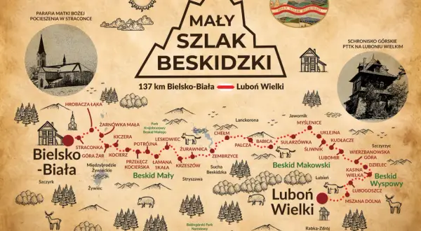 Mapa turystyczna Mały Szlak Beskidzki, 137 km z Bielska-Białej na Luboń Wielki.