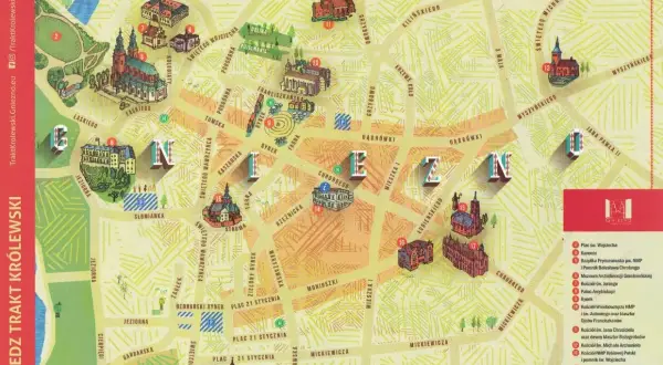 Mapa Gniezna z zaznaczonymi zabytkami i nazwami ulic.