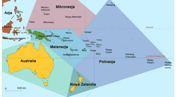 Mapa Pacyfiku z zaznaczonymi regionami: Azja, Mikronezja, Melanezja, Polinezja. Widać Australię, Nową Zelandię i wiele wysp. Gdzie leży Australia? Na południowej półkuli, na wschód od Azji.