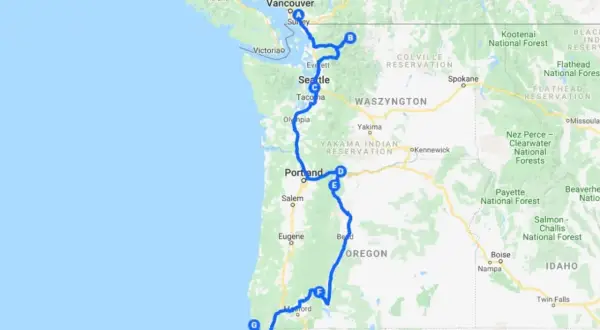 Trasa podróży przez stany USA: Waszyngton i Oregon, od Vancouver po wybrzeże.