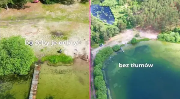 Kaszubskie jeziora w całej okazałości. Po lewej plaża z pomostem, po prawej spokojna tafla wody otoczona lasem.
