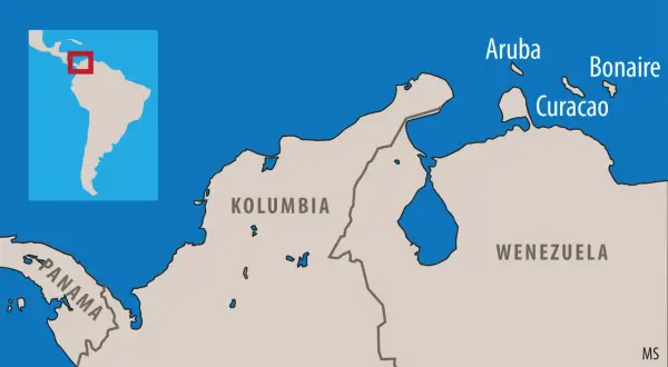 Mapa pokazuje, gdzie jest Aruba, wraz z Curaçao i Bonaire, na północ od Wenezueli i Kolumbii.