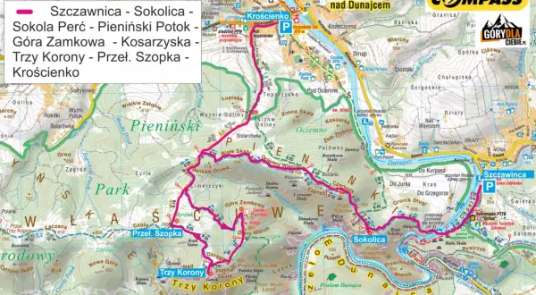 Mapa turystyczna Pienin z zaznaczonymi szlakami, w tym **Trzy Korony szlak**. Widoczne miejscowości: Krościenko, Szczawnica, Sokolica.
