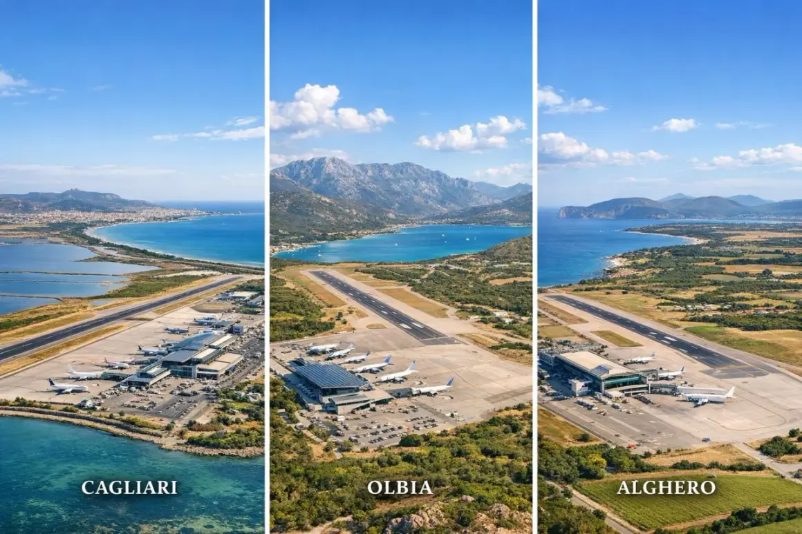 Trzy lotniska na Sardynii: Cagliari, stolica Sardynii, Olbia i Alghero, z widokiem na morze i góry.